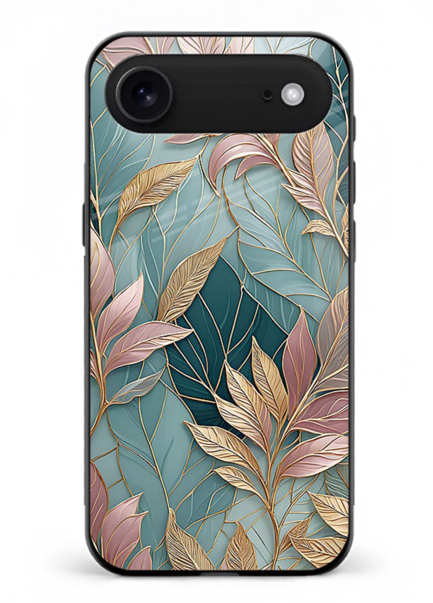 Teal leaf artwork on iphone 17 air glass back cover with cool natural detailing.