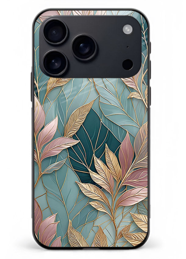 Teal leaf artwork on iphone 17 pro max glass back cover with cool natural detailing.