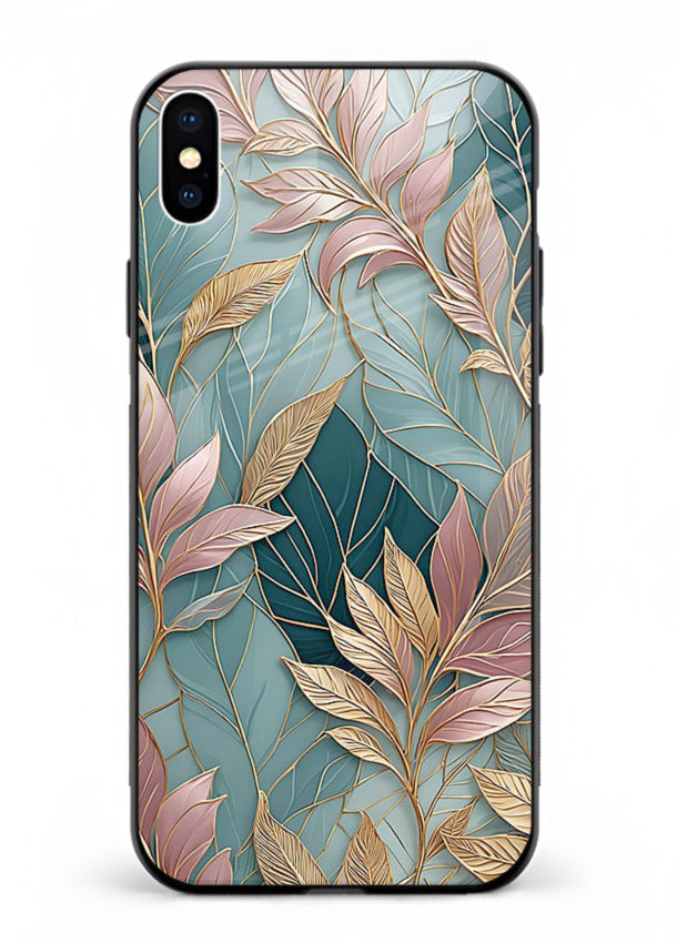 Teal leaf artwork on iphone xs max glass back cover with cool natural detailing.