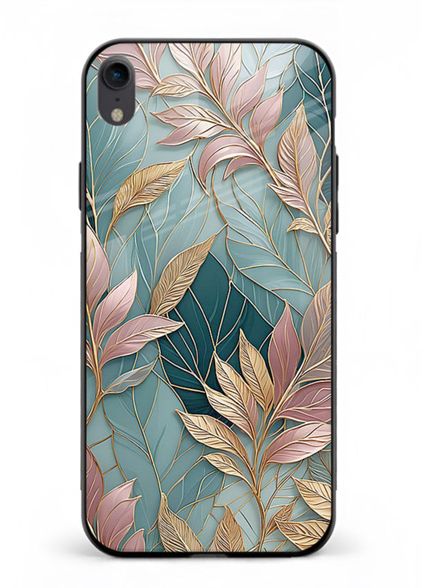 Teal leaf artwork on iphone xr glass back cover with cool natural detailing.