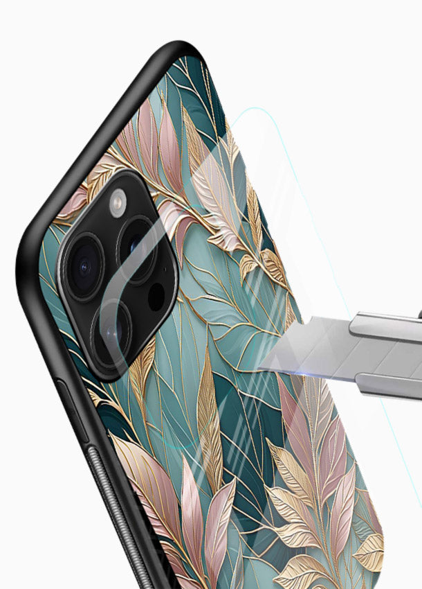 Teal leaf artwork on glossy vibrant premium glass back cover with cool natural detailing. - Angle Blade
