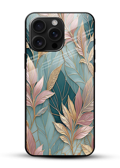 Teal leaf artwork on glossy vibrant premium glass back cover with cool natural detailing. - Angle Front