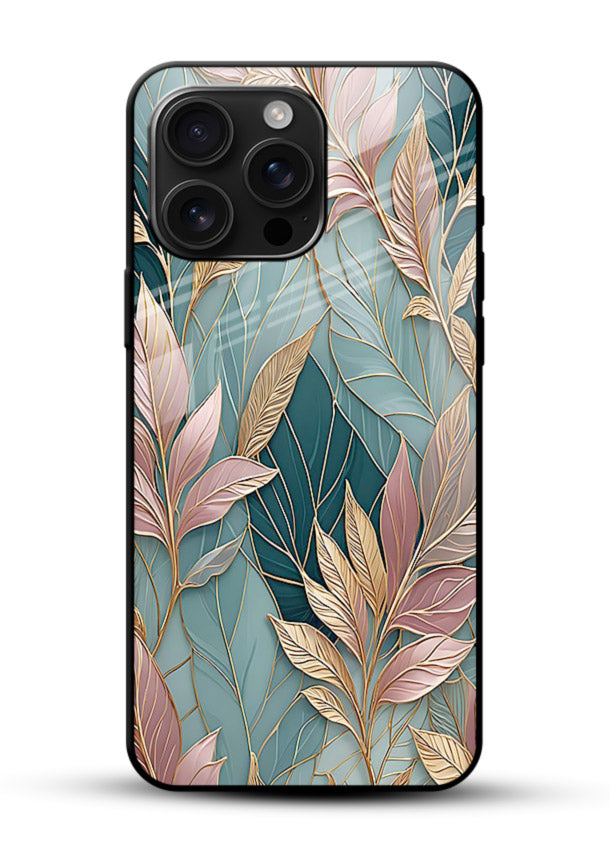 Teal leaf artwork on glossy vibrant premium glass back cover with cool natural detailing. - Angle Front