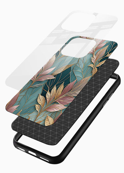 Teal leaf artwork on glossy vibrant premium glass back cover with cool natural detailing. - Angle Layers