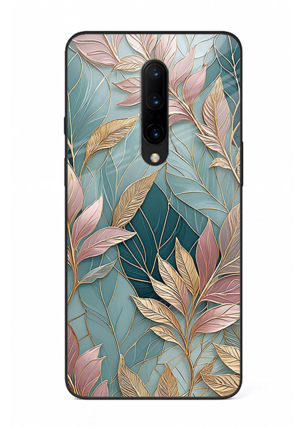 Teal leaf artwork on OnePlus 7T Pro glass back cover with cool natural detailing.
