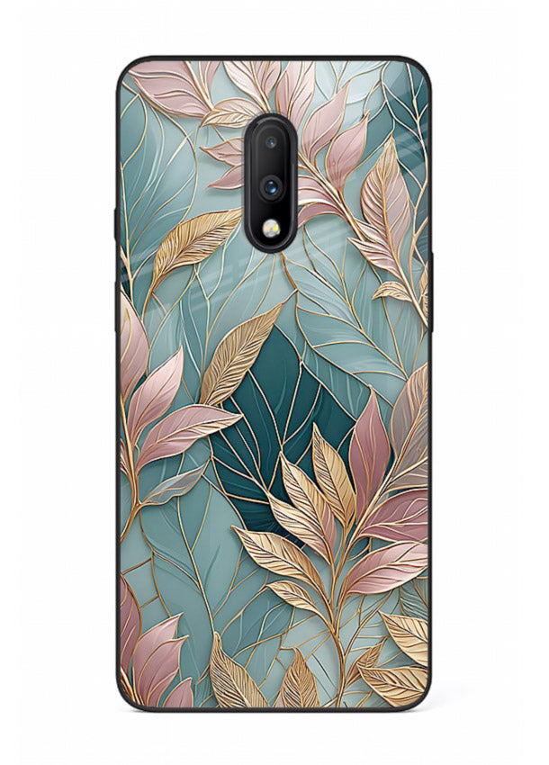 Teal leaf artwork on OnePlus 7 glass back cover with cool natural detailing.