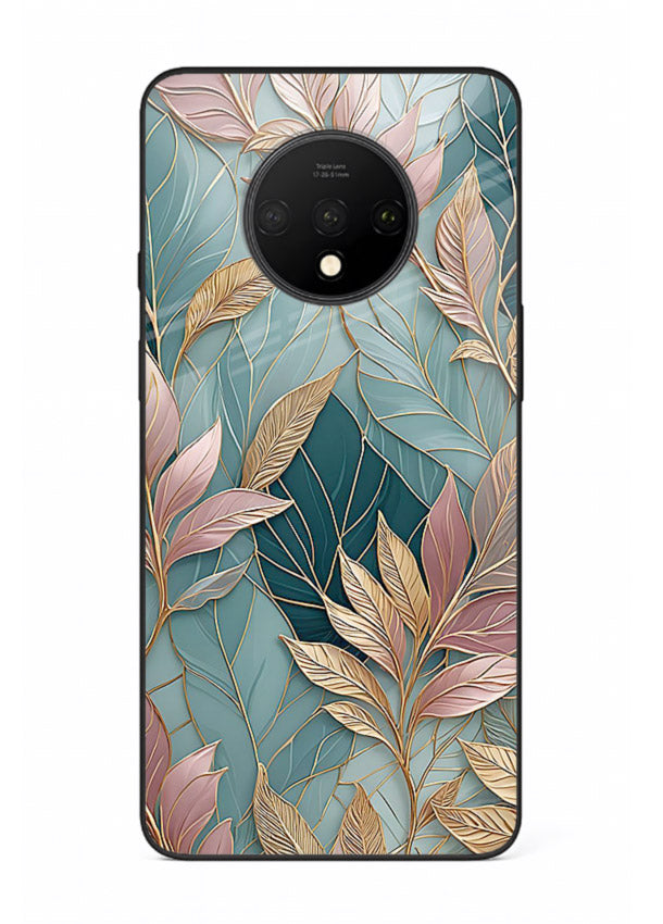 Teal leaf artwork on OnePlus 7T glass back cover with cool natural detailing.