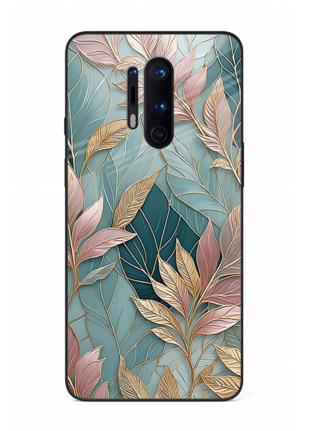 Teal leaf artwork on OnePlus 8 Pro glass back cover with cool natural detailing.