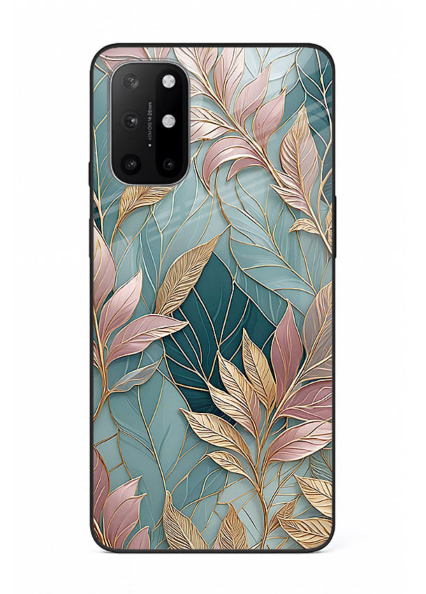 Teal leaf artwork on OnePlus 8T glass back cover with cool natural detailing.