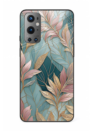 Teal leaf artwork on OnePlus 9 glass back cover with cool natural detailing.
