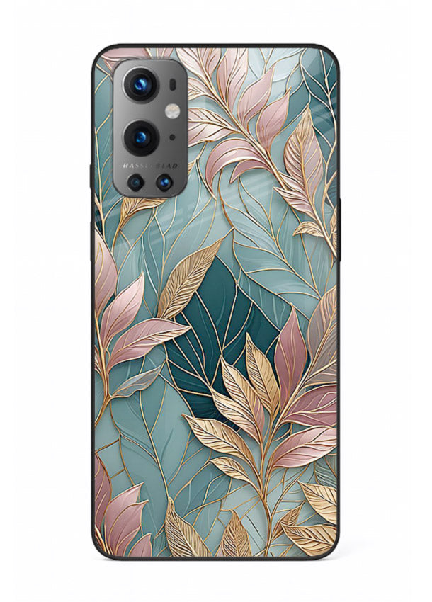 Teal leaf artwork on OnePlus 9 glass back cover with cool natural detailing.