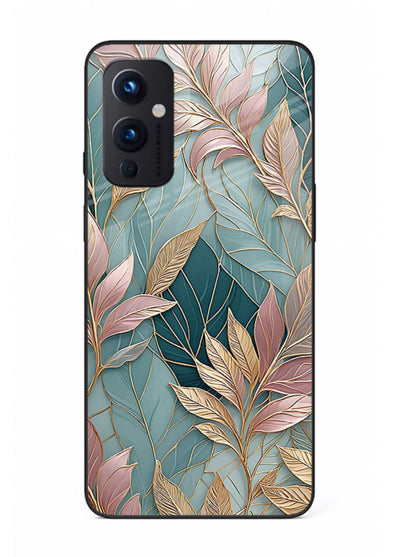 Teal leaf artwork on OnePlus 9 Pro glass back cover with cool natural detailing.