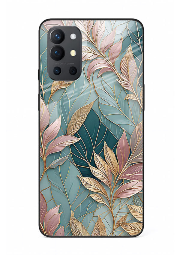 Teal leaf artwork on OnePlus 9R glass back cover with cool natural detailing.
