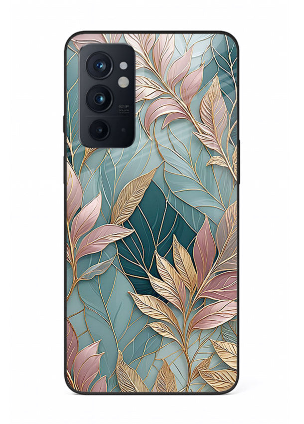 Teal leaf artwork on OnePlus 9RT glass back cover with cool natural detailing.