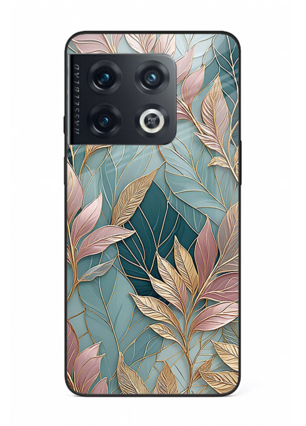 Teal leaf artwork on OnePlus 10 Pro glass back cover with cool natural detailing.