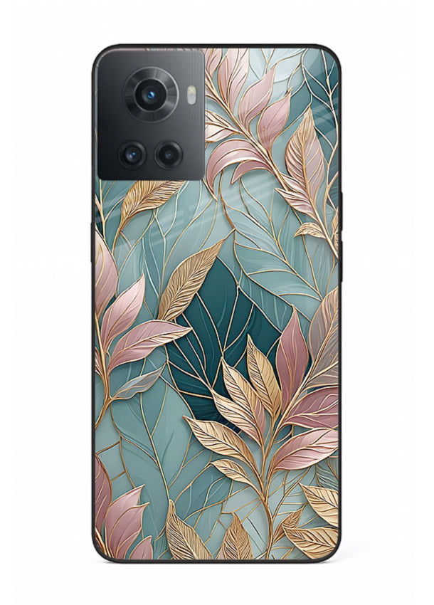 Teal leaf artwork on OnePlus 10R glass back cover with cool natural detailing.