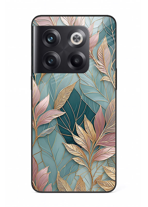 Teal leaf artwork on OnePlus 10T glass back cover with cool natural detailing.