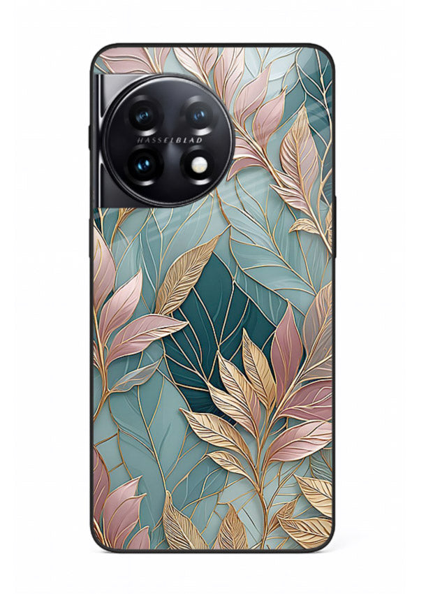 Teal leaf artwork on OnePlus 11 glass back cover with cool natural detailing.