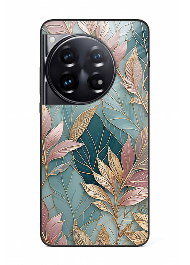 Teal leaf artwork on OnePlus 12 glass back cover with cool natural detailing.