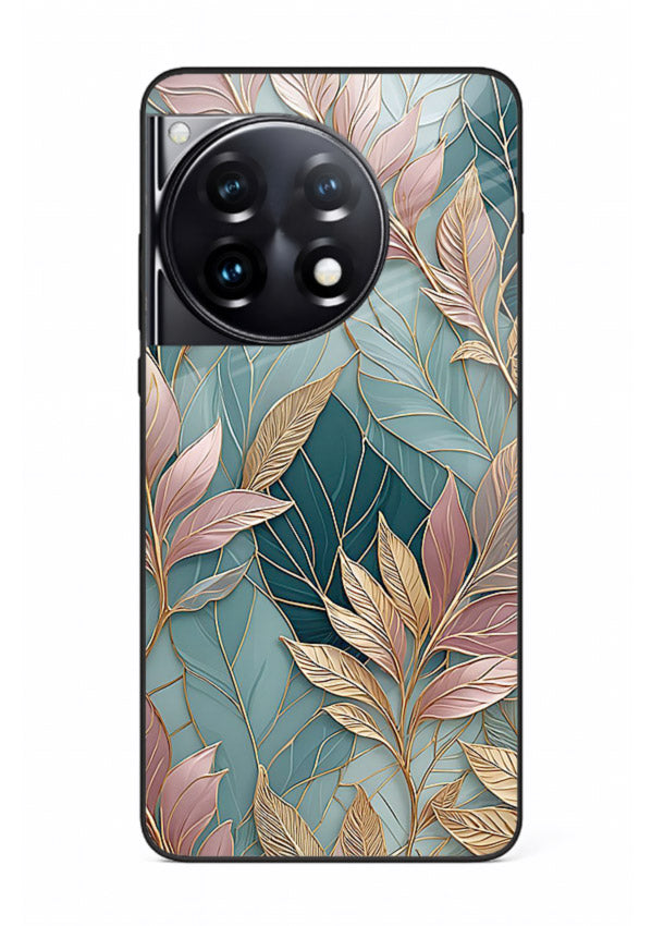 Teal leaf artwork on OnePlus 12R glass back cover with cool natural detailing.
