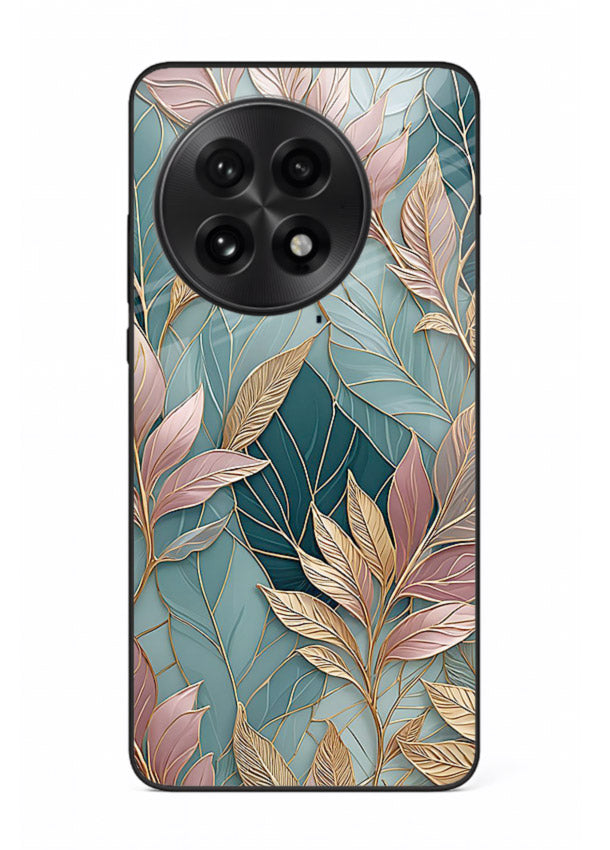 Teal leaf artwork on OnePlus 13 glass back cover with cool natural detailing.