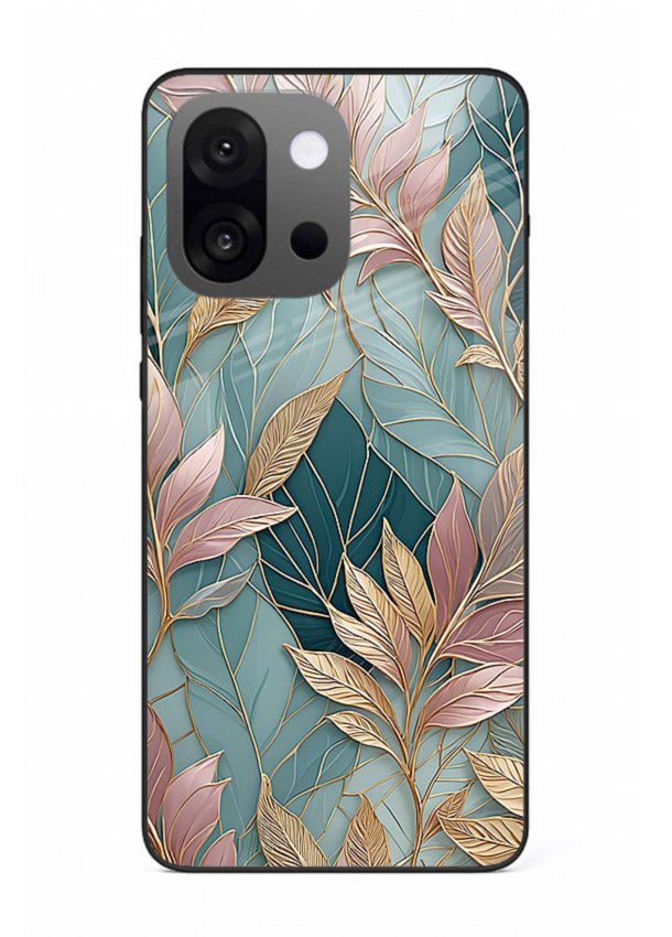 Teal leaf artwork on OnePlus 13s glass back cover with cool natural detailing.