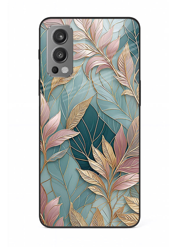 Teal leaf artwork on OnePlus Nord 2 glass back cover with cool natural detailing.