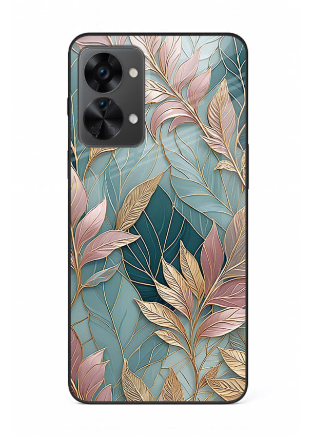 Teal leaf artwork on OnePlus Nord 2T glass back cover with cool natural detailing.