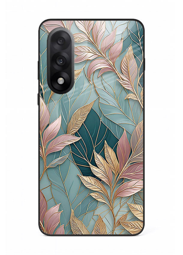 Teal leaf artwork on OnePlus Nord 5 glass back cover with cool natural detailing.