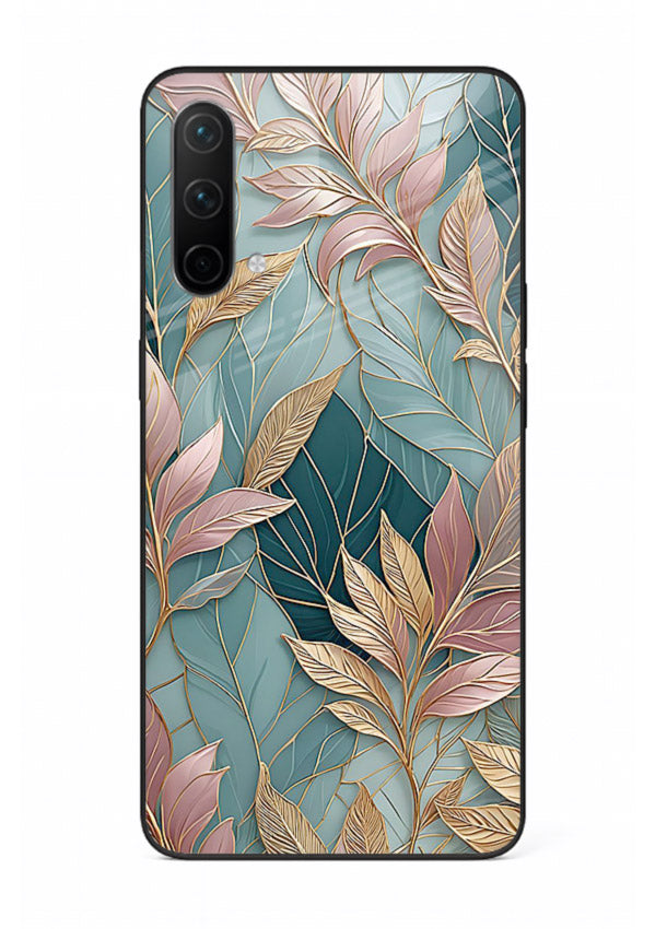 Teal leaf artwork on OnePlus Nord CE 5G glass back cover with cool natural detailing.