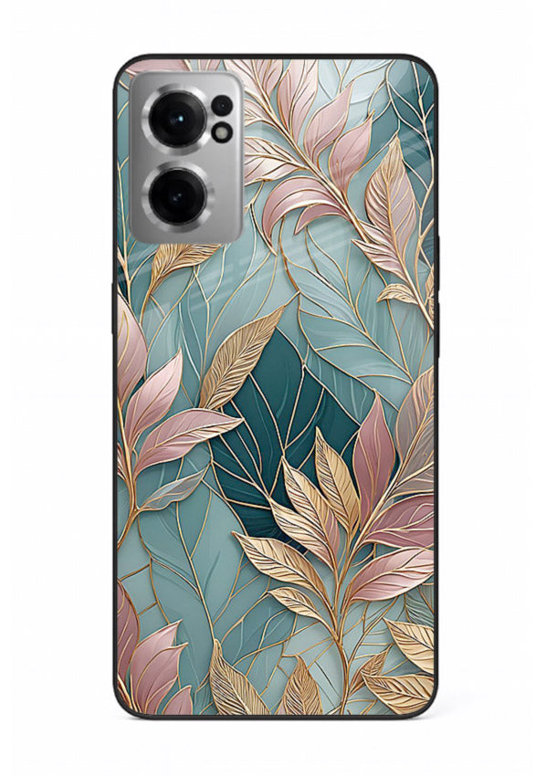 Teal leaf artwork on OnePlus Nord CE2 5G glass back cover with cool natural detailing.