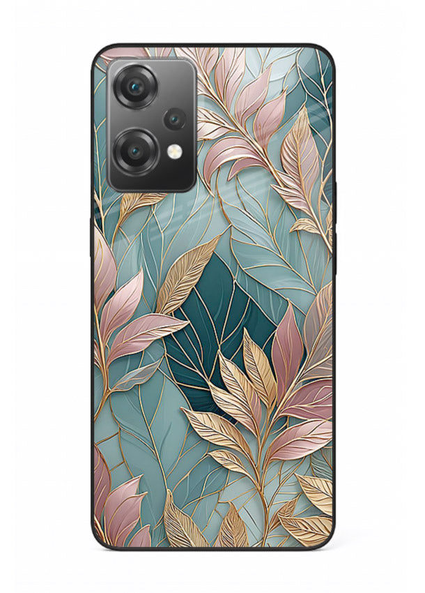 Teal leaf artwork on OnePlus Nord CE2 Lite 5G glass back cover with cool natural detailing.