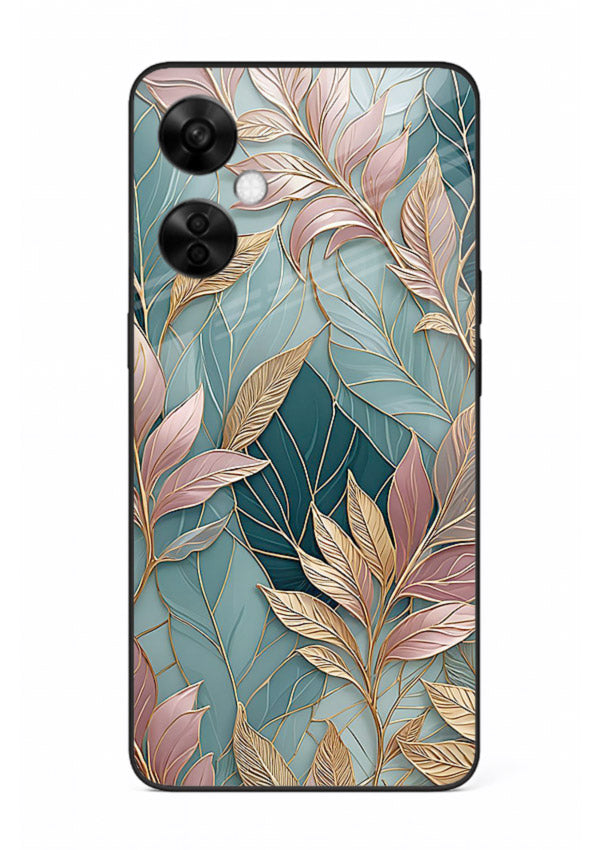 Teal leaf artwork on OnePlus Nord CE3 Lite glass back cover with cool natural detailing.
