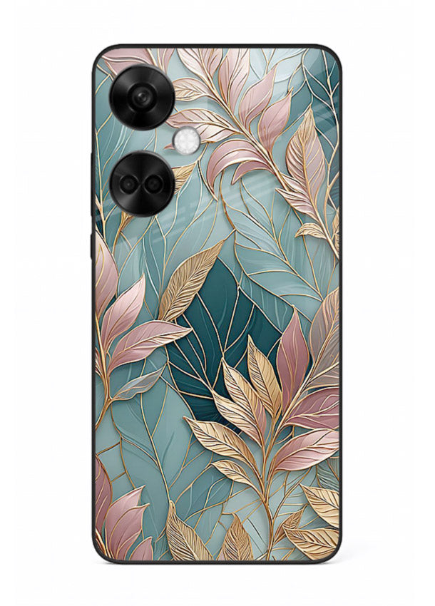 Teal leaf artwork on OnePlus Nord CE3 glass back cover with cool natural detailing.