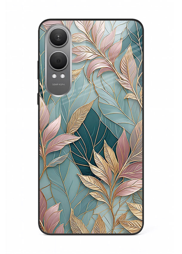 Teal leaf artwork on OnePlus Nord CE4 Lite glass back cover with cool natural detailing.