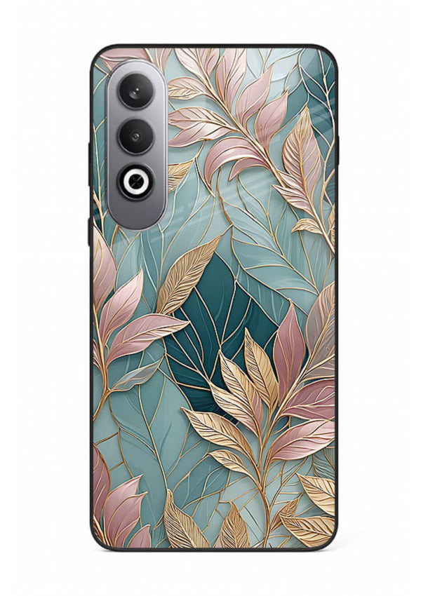 Teal leaf artwork on OnePlus Nord CE4 glass back cover with cool natural detailing.