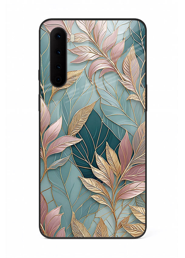 Teal leaf artwork on OnePlus Nord glass back cover with cool natural detailing.