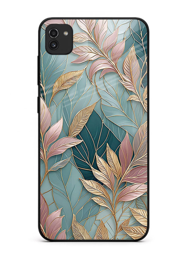 Teal leaf artwork on Samsung A03 glass back cover with cool natural detailing.