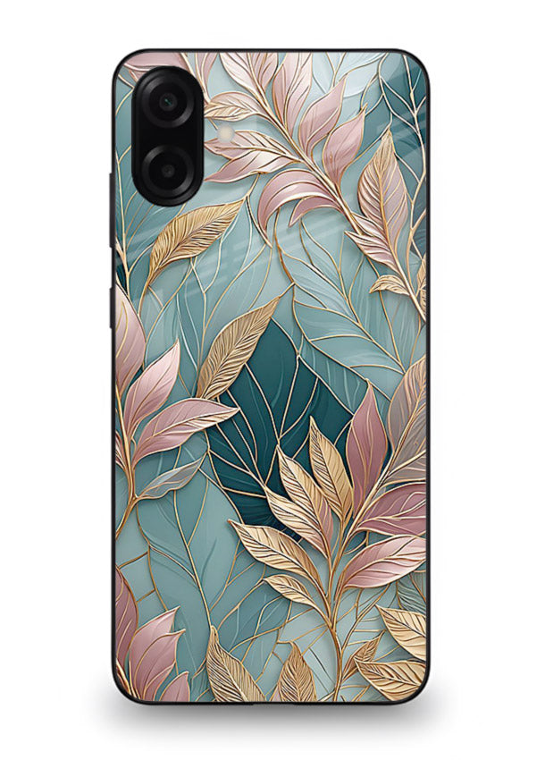 Teal leaf artwork on Samsung A07 4G glass back cover with cool natural detailing.