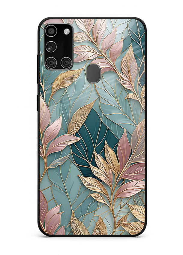 Teal leaf artwork on Samsung A21s glass back cover with cool natural detailing.