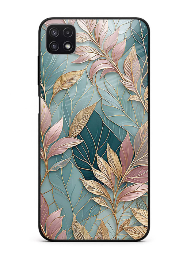 Teal leaf artwork on Samsung A22 5G glass back cover with cool natural detailing.