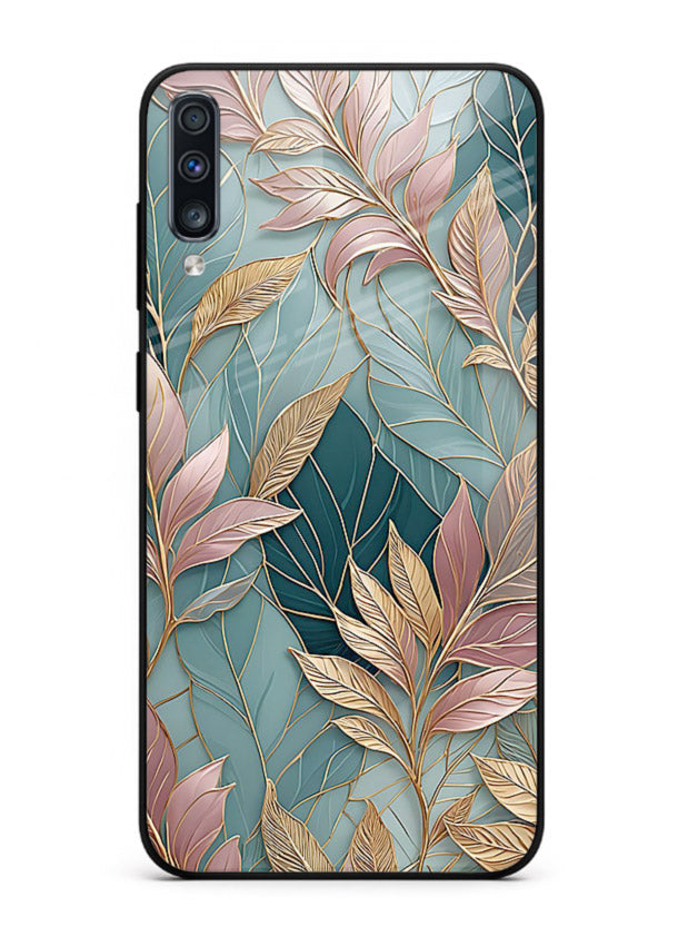 Teal leaf artwork on Samsung A70 glass back cover with cool natural detailing.