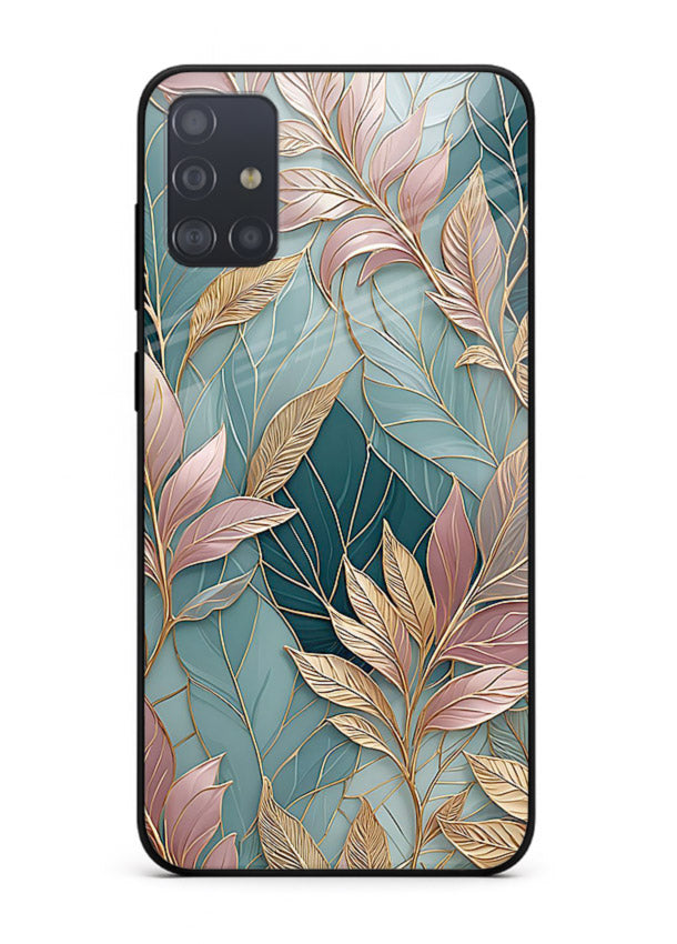 Teal leaf artwork on Samsung A71 glass back cover with cool natural detailing.