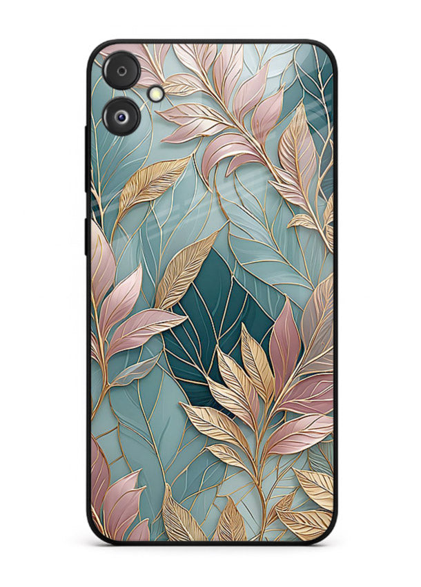 Teal leaf artwork on Samsung F14 5G glass back cover with cool natural detailing.