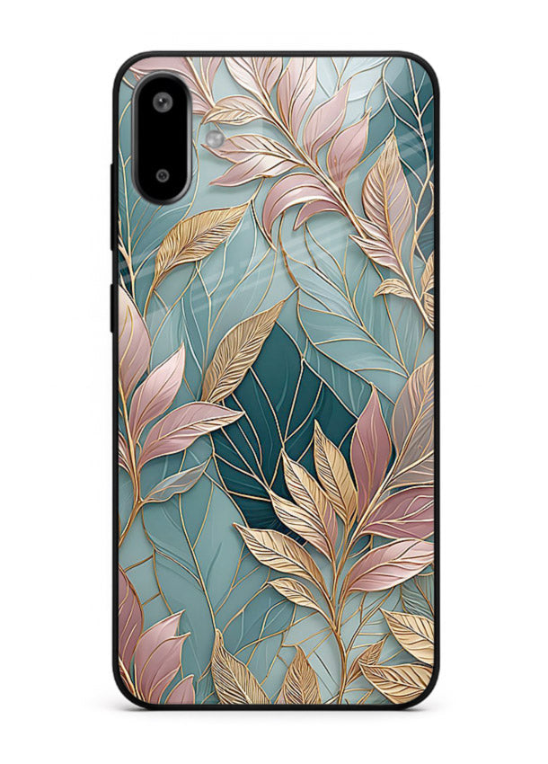 Teal leaf artwork on Samsung F06 5G glass back cover with cool natural detailing.