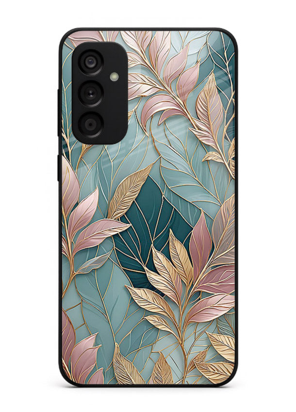 Teal leaf artwork on Samsung M14 4G glass back cover with cool natural detailing.
