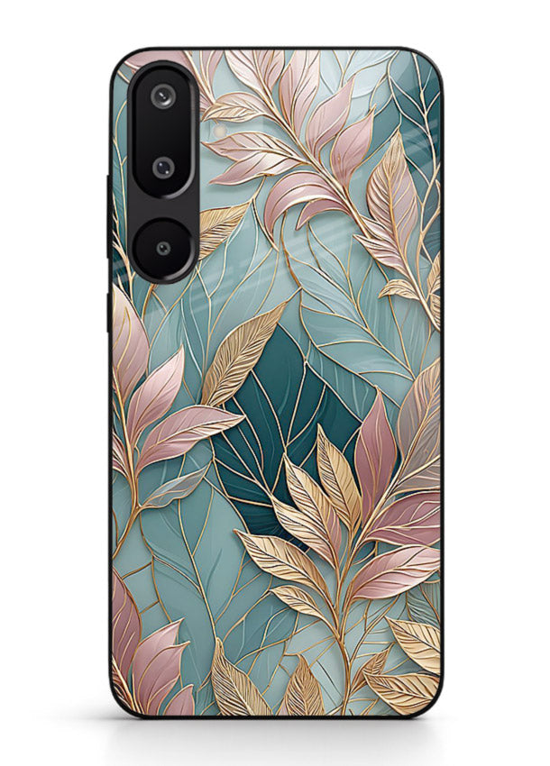 Teal leaf artwork on Samsung M16 5G glass back cover with cool natural detailing.