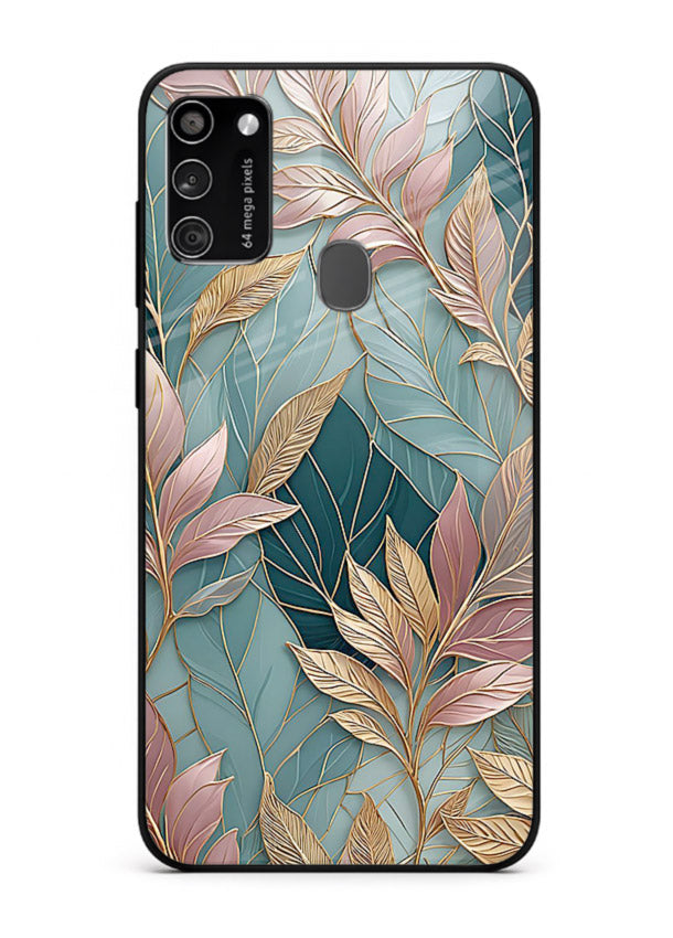 Teal leaf artwork on Samsung M21 glass back cover with cool natural detailing.