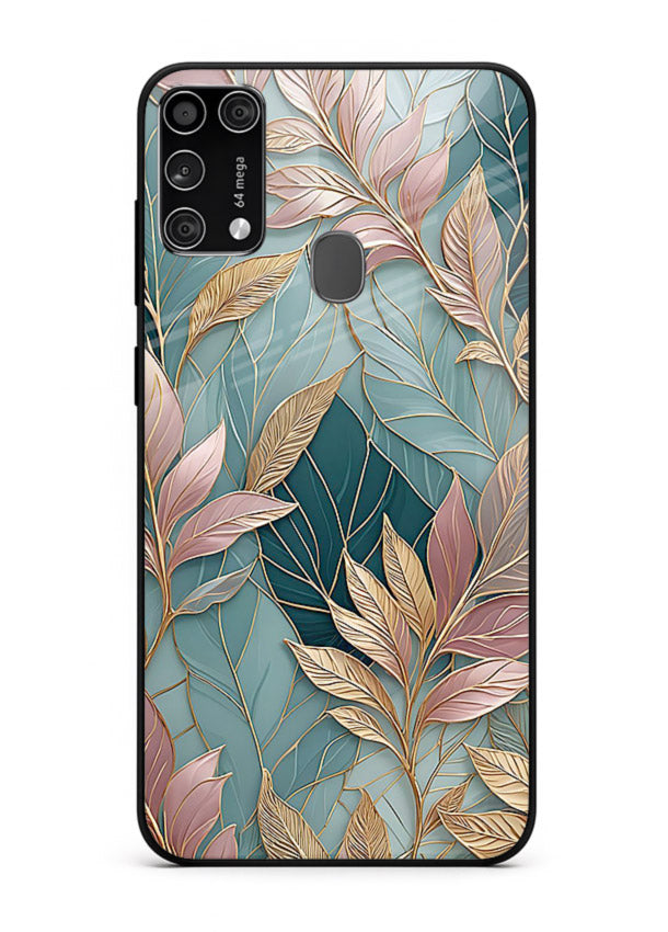 Teal leaf artwork on Samsung M31 Prime glass back cover with cool natural detailing.