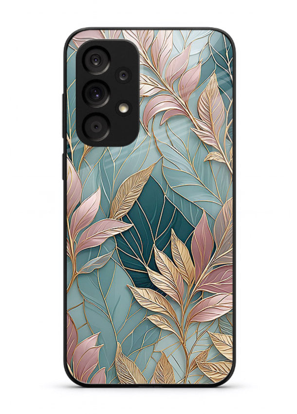 Teal leaf artwork on Samsung A73 5G glass back cover with cool natural detailing.